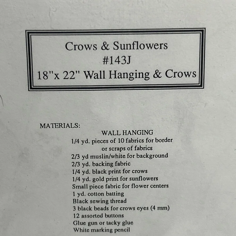 Crows Sunflowers Goodies From Grandma Wall Quilt 143J NEW Vintage Sewing Pattern